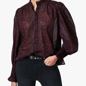 AllSaints Leonie Stanza Snake Print Sheer Shirt, Burgundy Red Sz 10 US